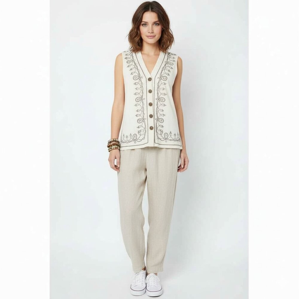 LIZA INTERNATIONAL Vtg Inspired Cream Beaded Button-Front Vest Size M